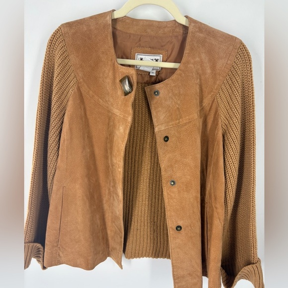 AMI Womens Suede Leather Jacket Size M Brown Hidden Snaps Knit Sleeves - Picture 3 of 9